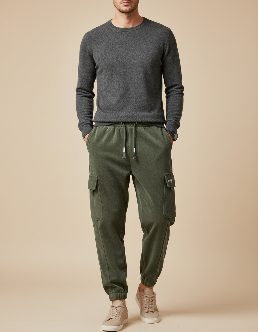 Pantalon Velours Cargo Vert Homme Jogging Décontracté - Kaki