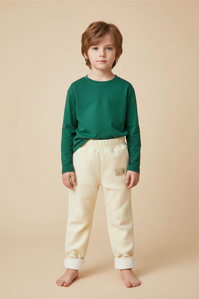 Pantalon Velours Enfant Côtelé Doublé Chaud Crème - Beige Cordé