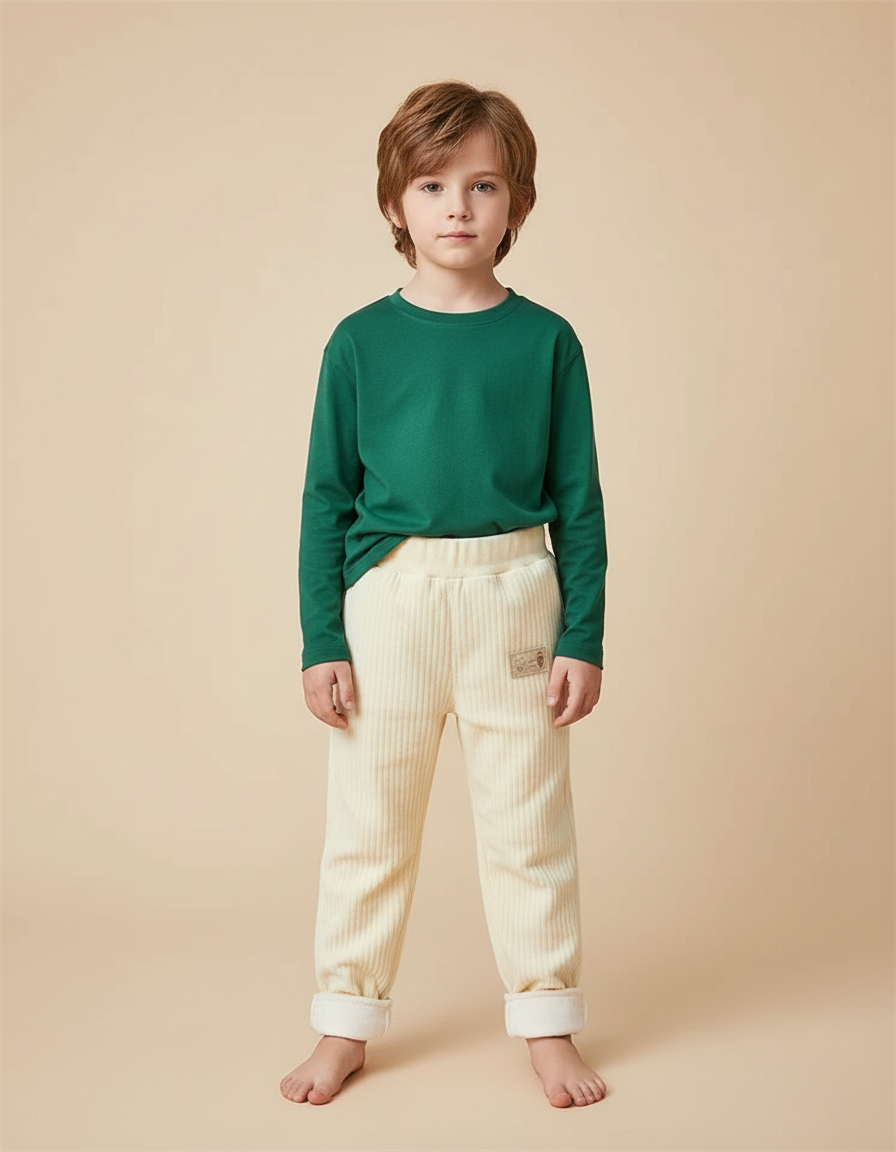 Pantalon Velours Enfant Côtelé Doublé Chaud Crème - Beige Cordé