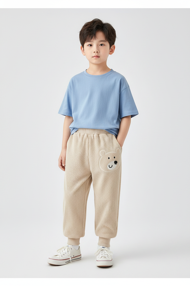 Pantalon Velours Enfant Côtelé Beige Ample Ours Mignon - Cordé