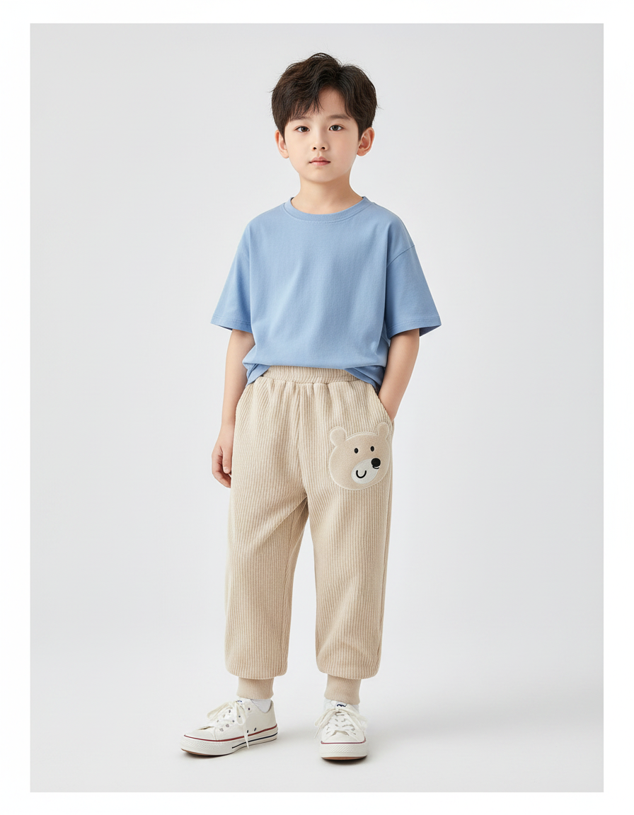 Pantalon Velours Enfant Côtelé Beige Ample Ours Mignon - Cordé