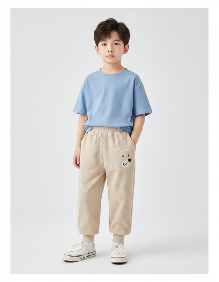 Pantalon Velours Enfant Côtelé Beige Ample Ours Mignon - Cordé