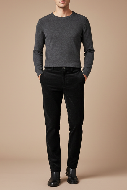 Pantalon Velours Noir Côtelé Ajusté Homme Élégant - Cordé