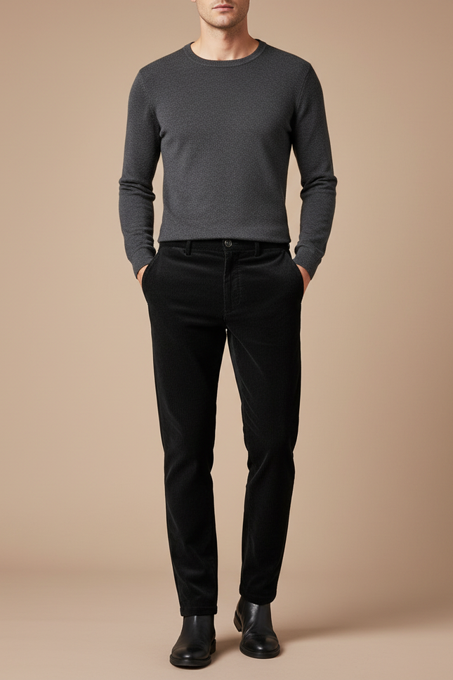 Pantalon Velours Noir Côtelé Ajusté Homme Élégant - Cordé