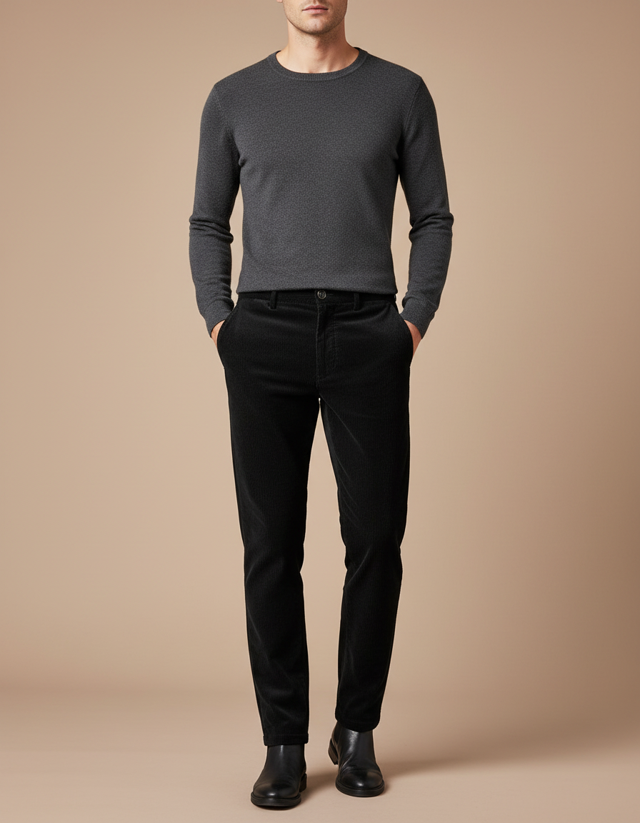 Pantalon Velours Noir Côtelé Ajusté Homme Élégant - Cordé
