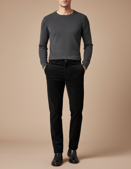 Pantalon Velours Noir Côtelé Ajusté Homme Élégant - Cordé