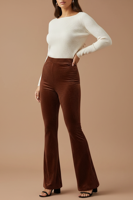 Pantalon Velours Côtelé Marron Évasé Taille Haute - Cordé