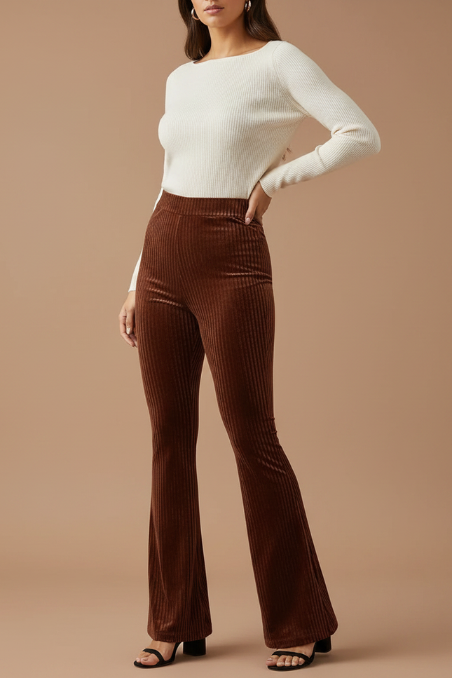 Pantalon Velours Côtelé Marron Évasé Taille Haute - Cordé