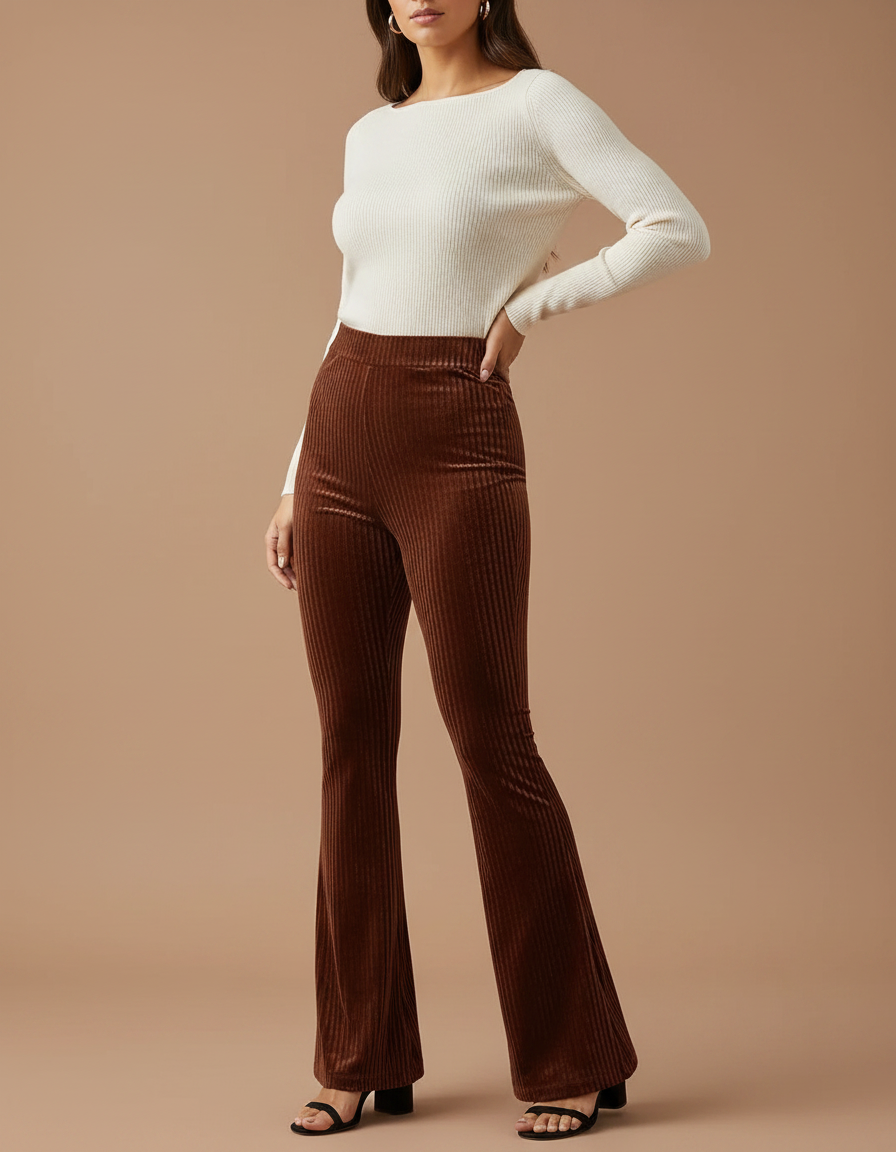 Pantalon Velours Côtelé Marron Évasé Taille Haute - Cordé
