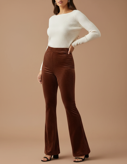 Pantalon Velours Côtelé Marron Évasé Taille Haute - Cordé
