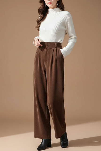 Pantalon Velours Côtelé Marron Large Taille Haute Hiver - Cordé
