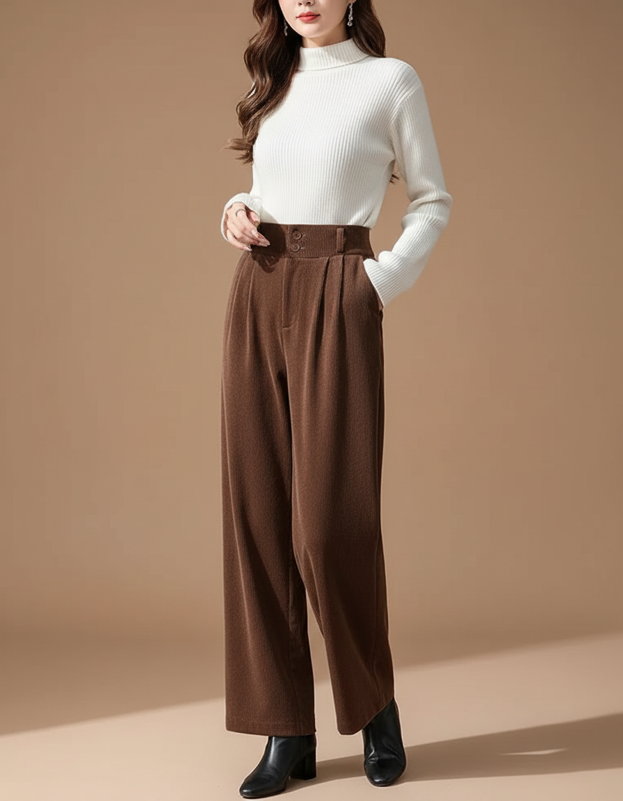 Pantalon Velours Côtelé Marron Large Taille Haute Hiver - Cordé