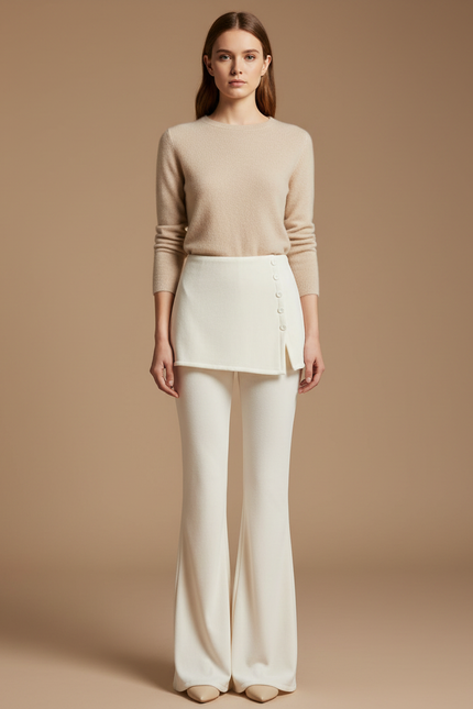 Pantalon Velours Crème Évasé Taille Haute Élégant - Beige