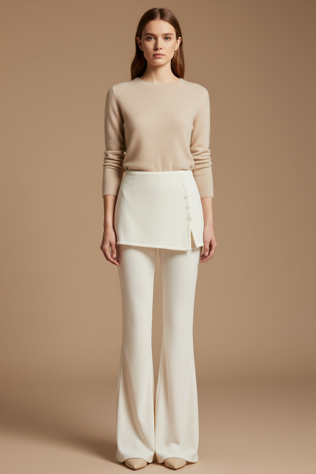 Pantalon Velours Crème Évasé Taille Haute Élégant - Beige