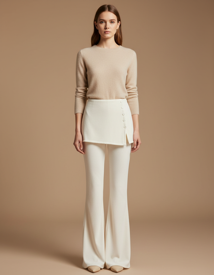 Pantalon Velours Crème Évasé Taille Haute Élégant - Beige