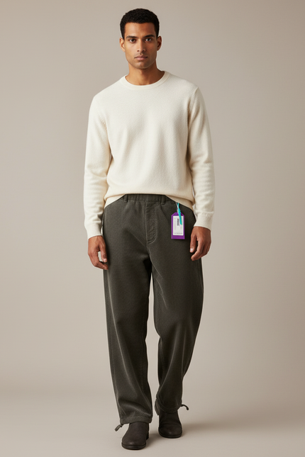 Pantalon Velours Côtelé Ample Gris Décontracté Homme - Cordé