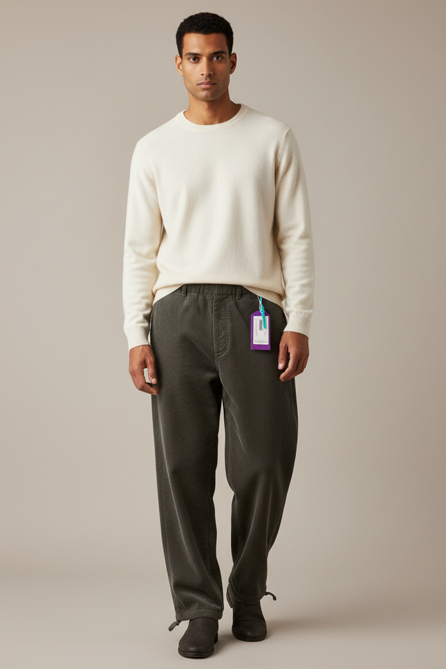 Pantalon Velours Côtelé Ample Gris Décontracté Homme - Cordé