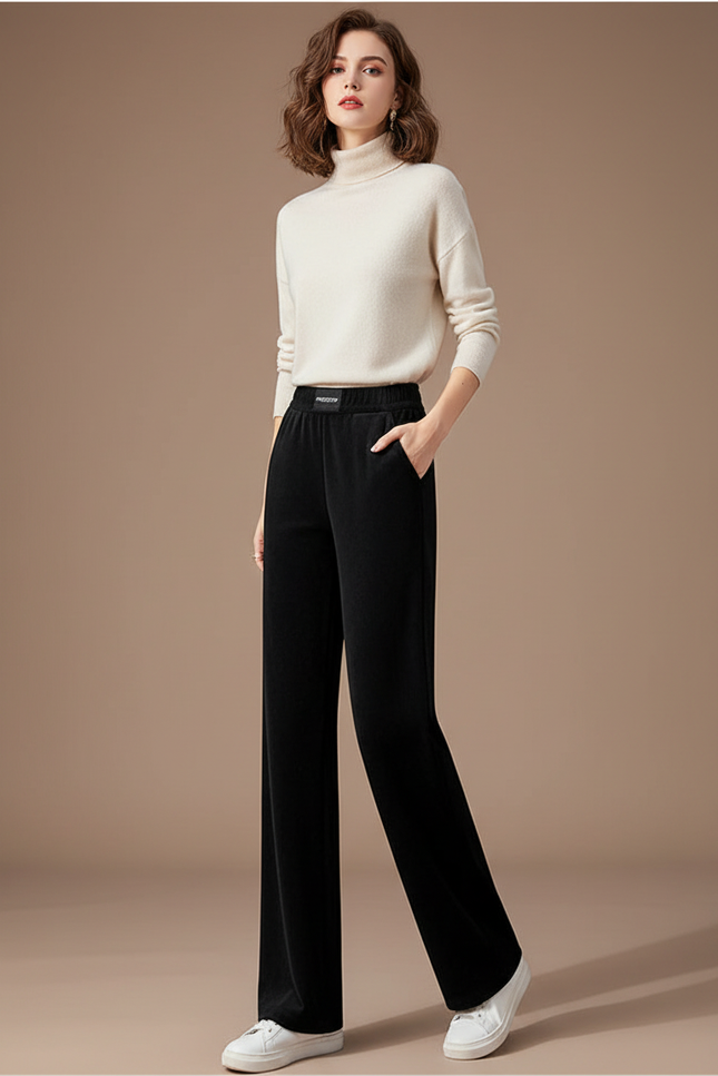 Pantalon Velours Noir Ample Droit Hiver Femme