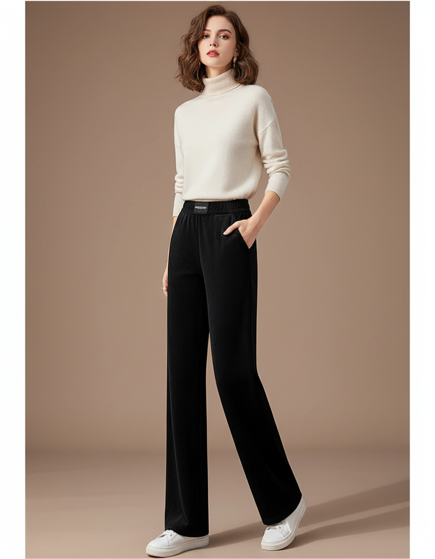 Pantalon Velours Noir Ample Droit Hiver Femme