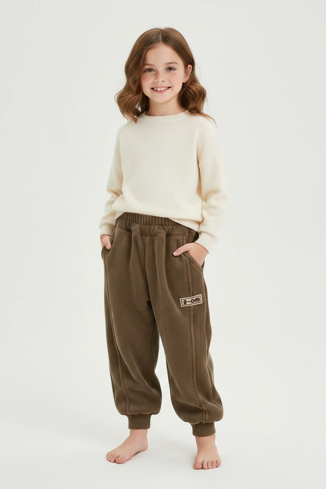 Pantalon Velours Marron Côtelé Ample Élastique Enfant - Kaki Cordé