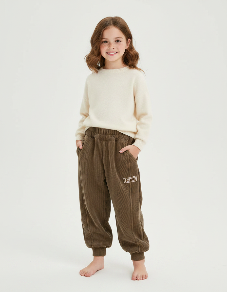Pantalon Velours Marron Côtelé Ample Élastique Enfant - Kaki Cordé