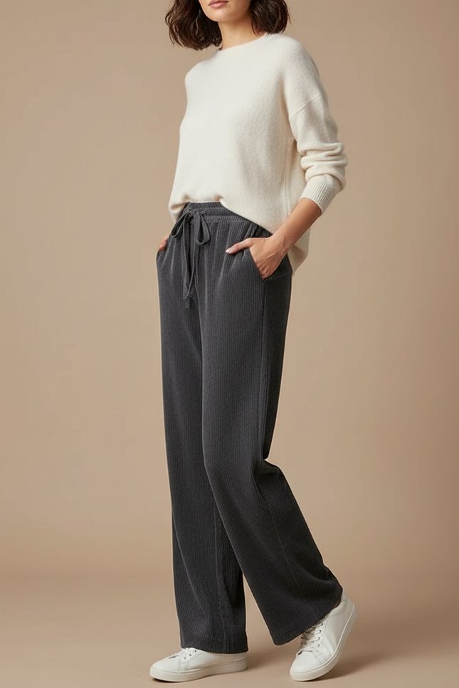 Pantalon Velours Côtelé Gris Ample Décontracté Femme - Cordé