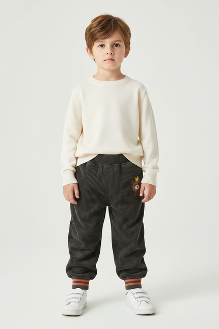 Pantalon Velours Côtelé Gris Décontracté Ours Enfant - Cordé