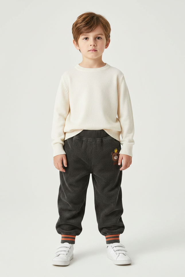 Pantalon Velours Côtelé Gris Décontracté Ours Enfant - Cordé