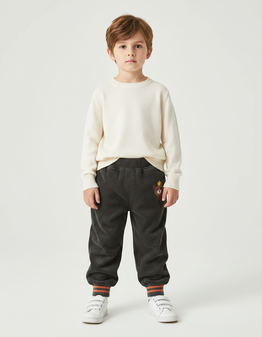 Pantalon Velours Côtelé Gris Décontracté Ours Enfant - Cordé