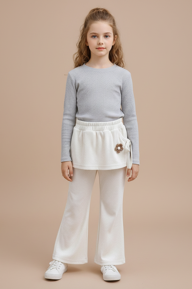 Pantalon Velours Crème Côtelé Ample Jupe Fleur Fille - Beige Cordé