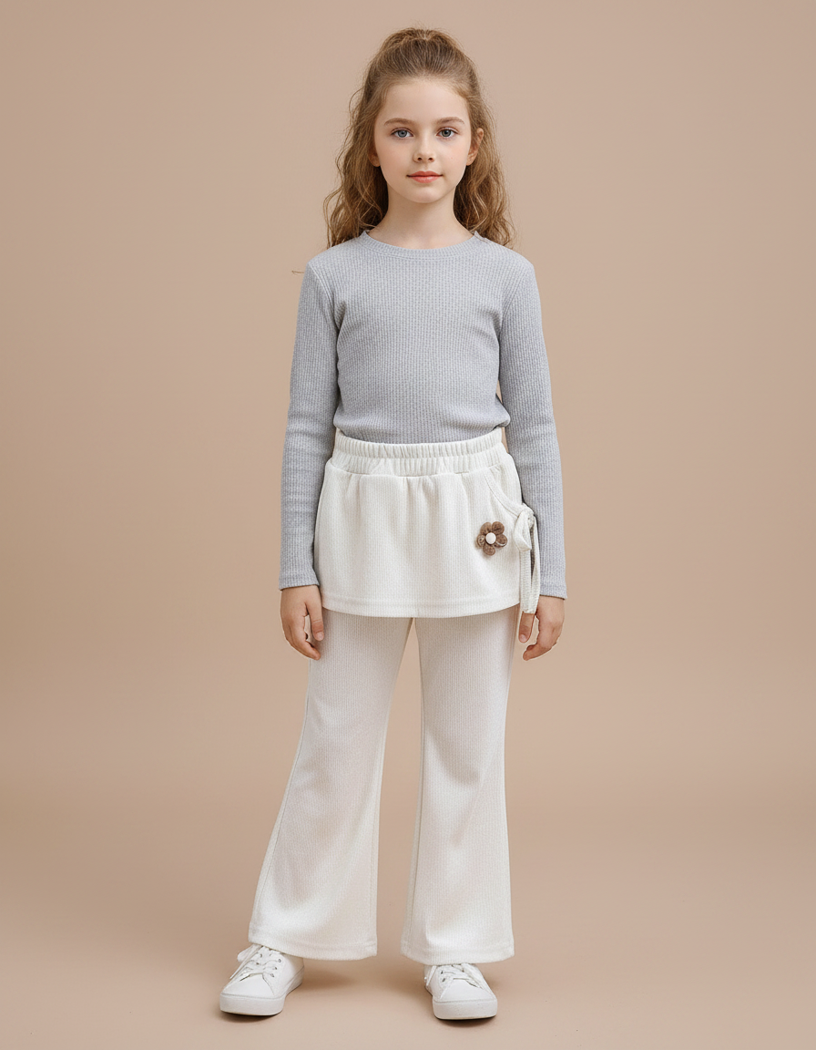 Pantalon Velours Crème Côtelé Ample Jupe Fleur Fille - Beige Cordé