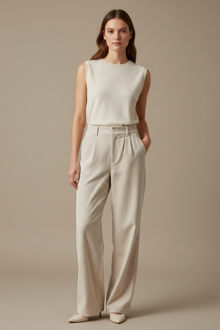 Pantalon Velours Beige Côtelé Taille Haute Ample - Cordé