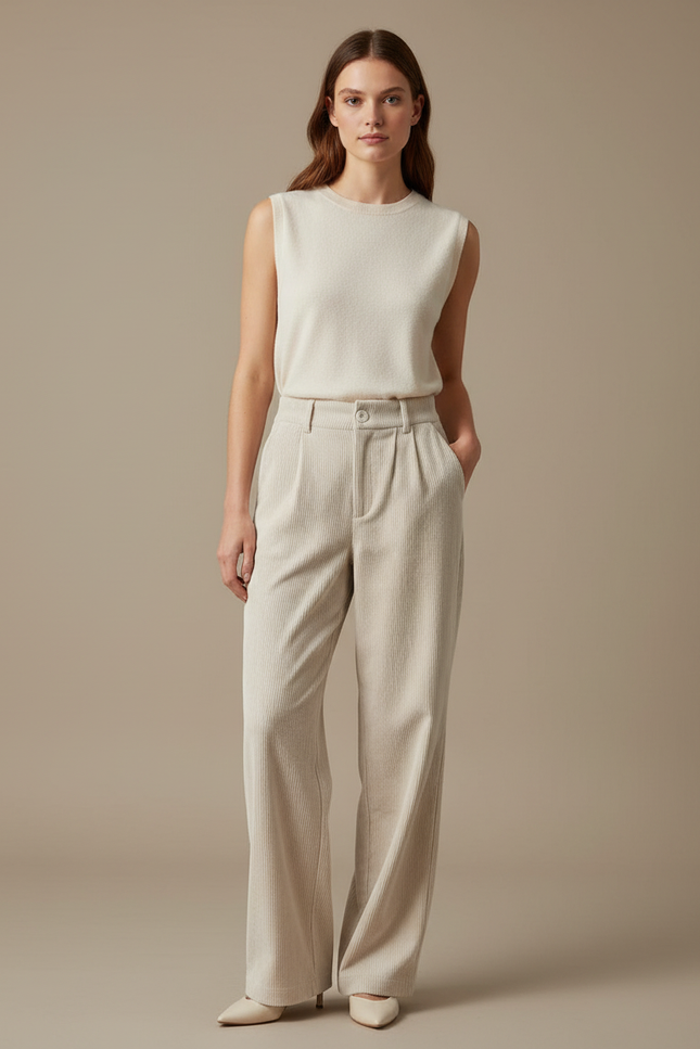 Pantalon Velours Beige Côtelé Taille Haute Ample - Cordé