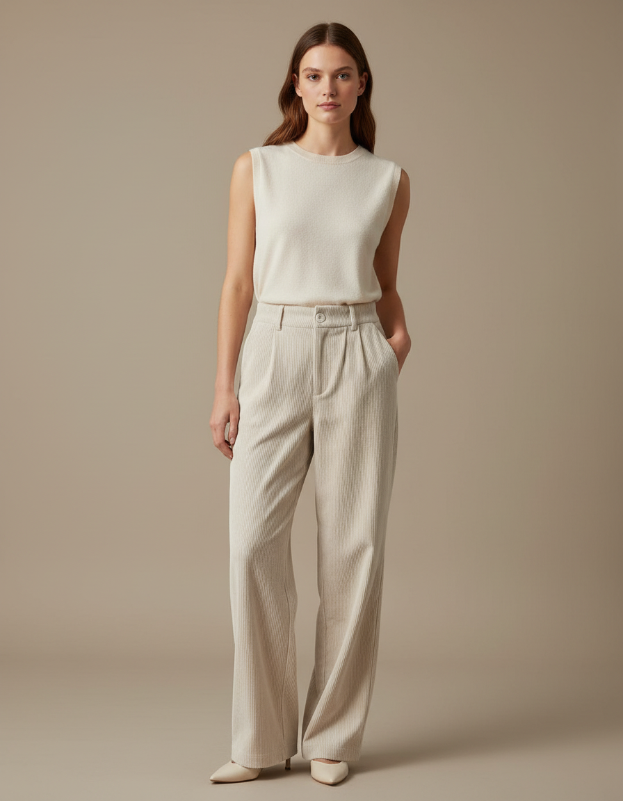 Pantalon Velours Beige Côtelé Taille Haute Ample - Cordé
