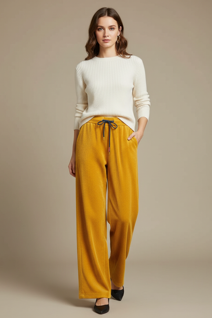 Pantalon Velours Côtelé Jaune Ample Cordon Femme - Cordé