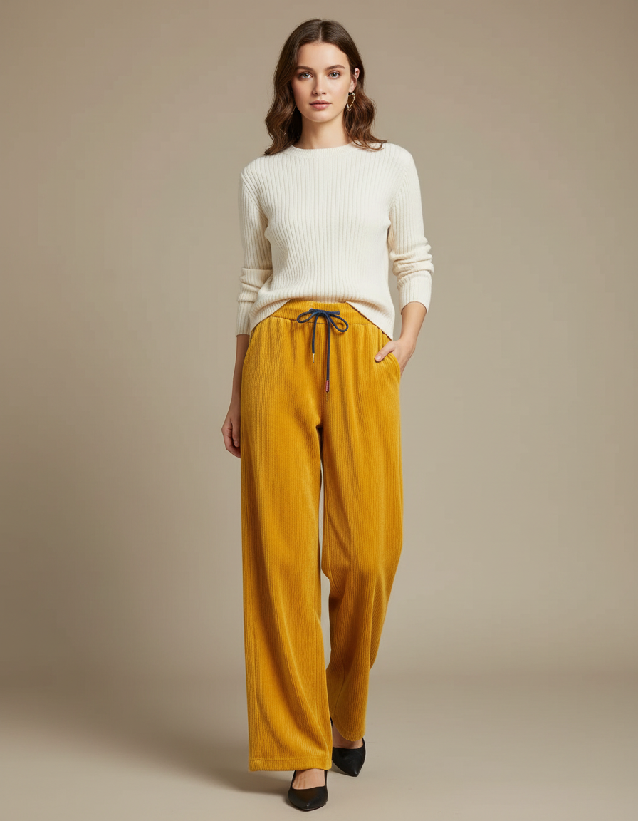 Pantalon Velours Côtelé Jaune Ample Cordon Femme - Cordé