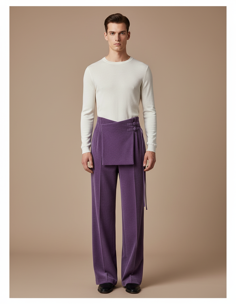 Pantalon Velours Violet Côtelé Droit Élégant Homme - Cordé