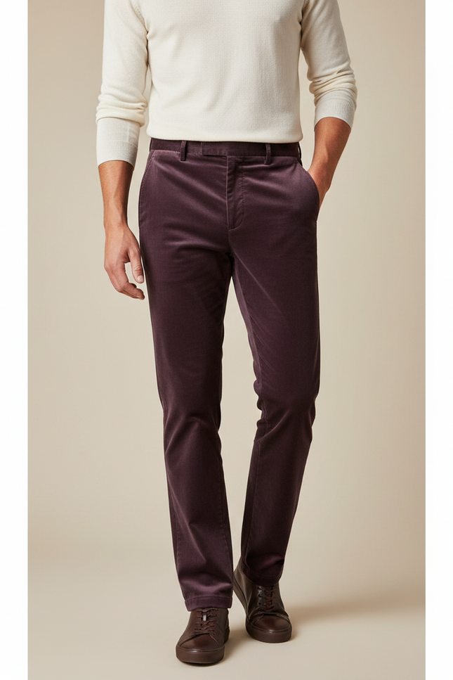 Pantalon Velours Marron Droit Homme Décontracté Élégant - Bordeaux Cordé