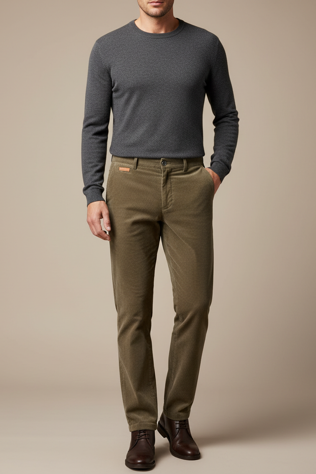 Pantalon Velours Côtelé Homme Vert Coupe Droite - Kaki Cordé
