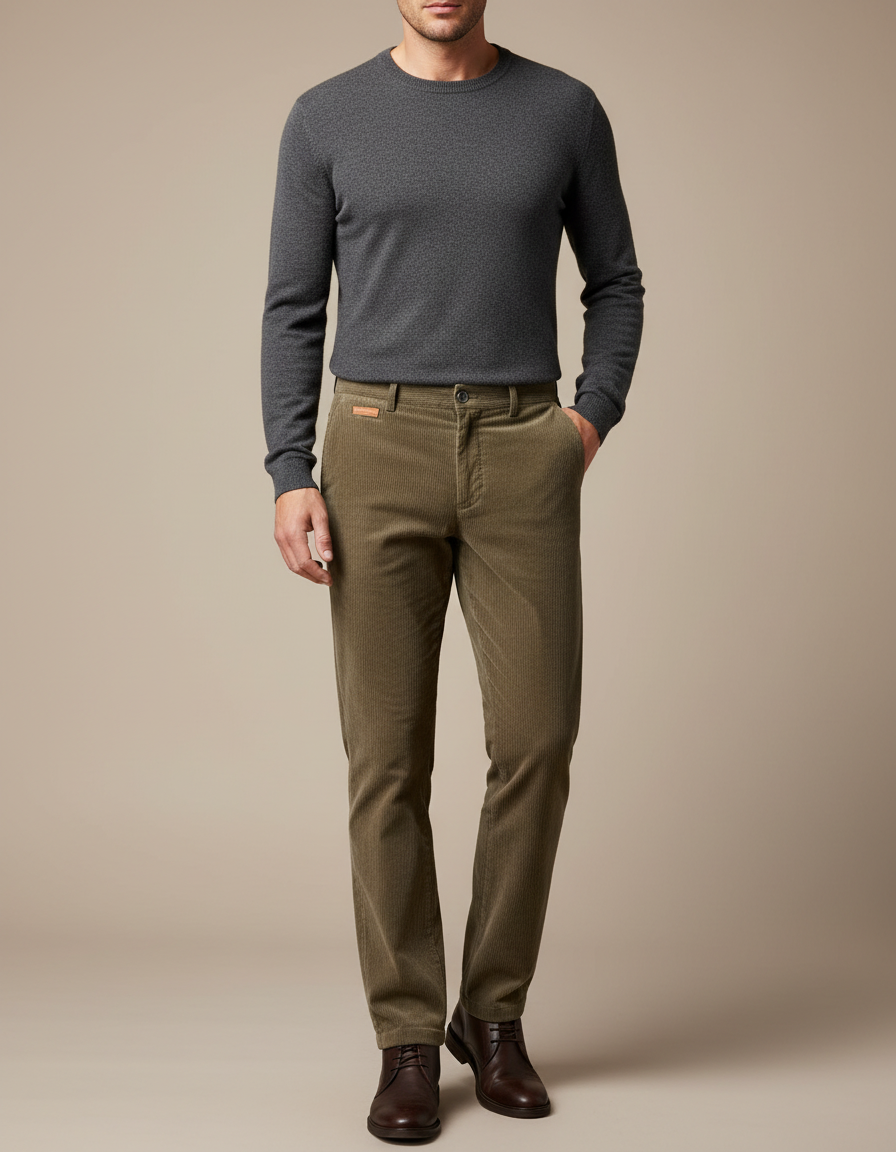 Pantalon Velours Côtelé Homme Vert Coupe Droite - Kaki Cordé