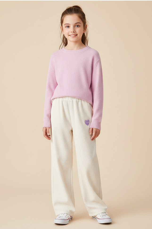 Pantalon Velours Écru Côtelé Ample Cœur Fille - Beige