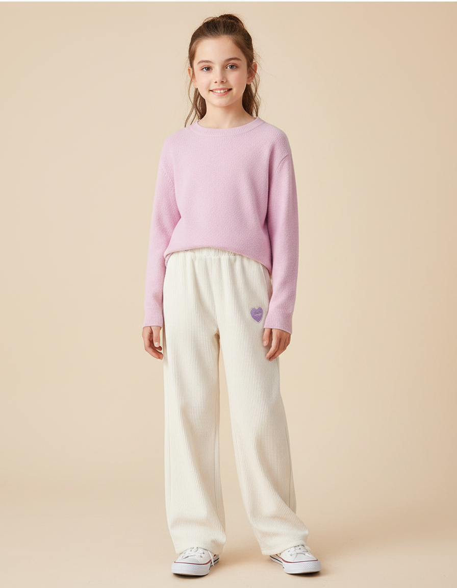 Pantalon Velours Écru Côtelé Ample Cœur Fille - Beige