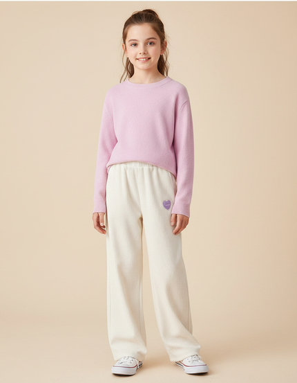 Pantalon Velours Écru Côtelé Ample Cœur Fille - Beige
