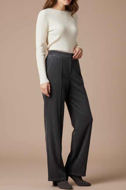 Pantalon Velours Gris Côtelé Ample Taille Haute Fluide - Cordé
