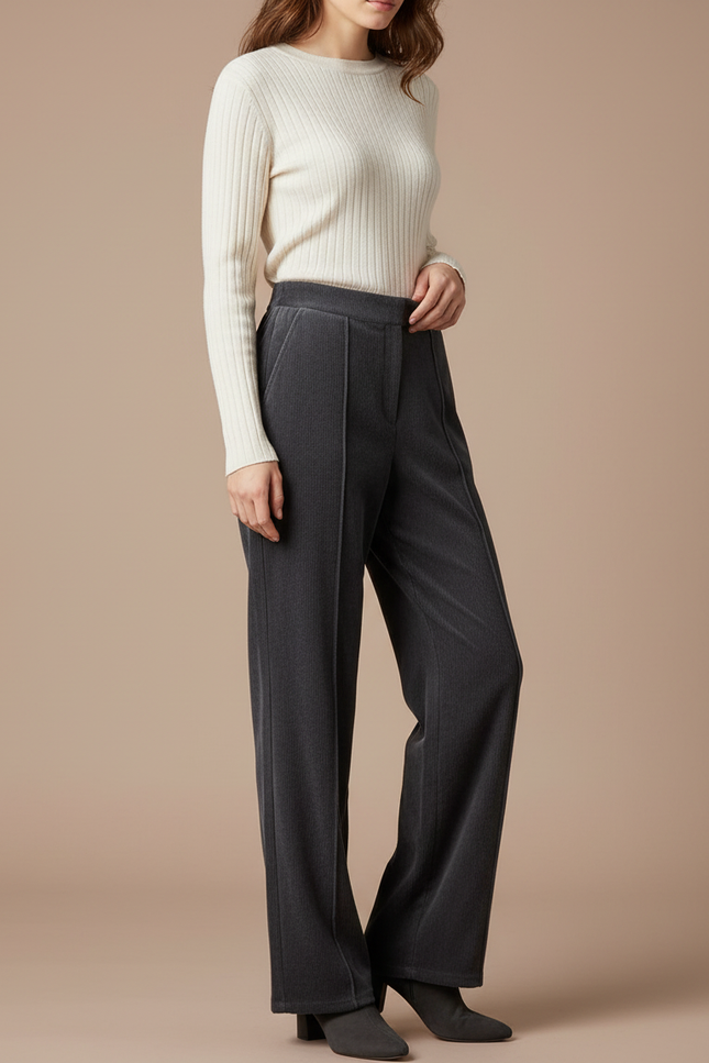 Pantalon Velours Gris Côtelé Ample Taille Haute Fluide - Cordé