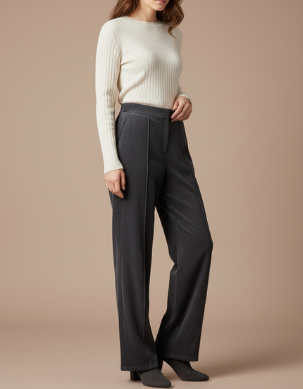 Pantalon Velours Gris Côtelé Ample Taille Haute Fluide - Cordé