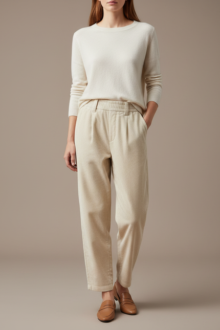 Pantalon En Velours Cotelé Femme - Beige Cordé