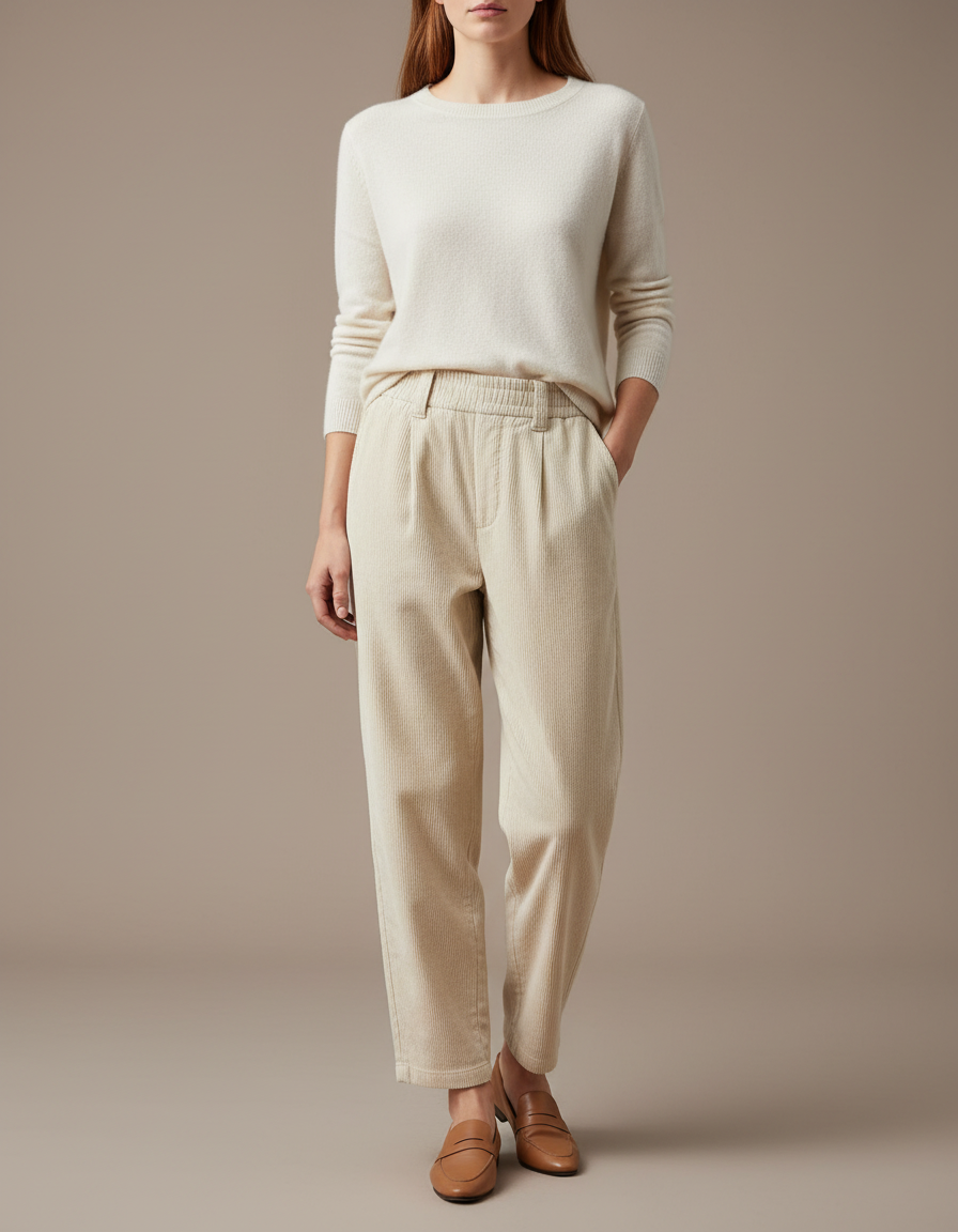 Pantalon En Velours Cotelé Femme - Beige Cordé