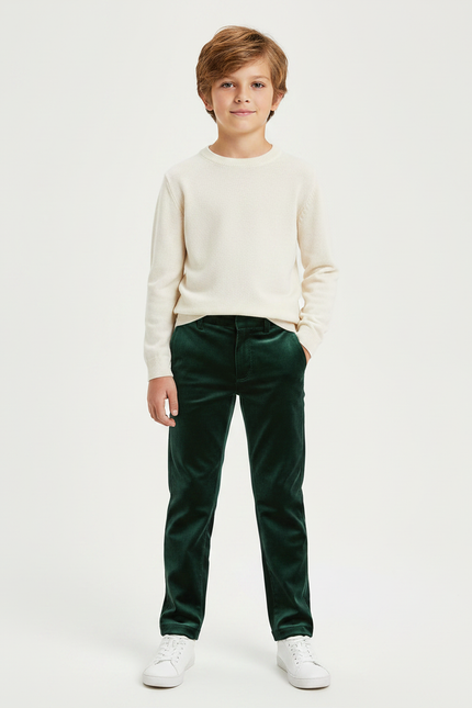 Pantalon Velours Vert Émeraude Garçon Droit Élégant - Cordé