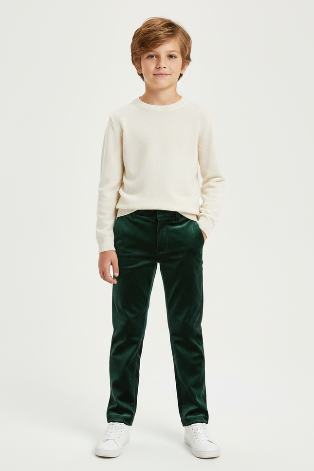 Pantalon Velours Vert Émeraude Garçon Droit Élégant - Cordé